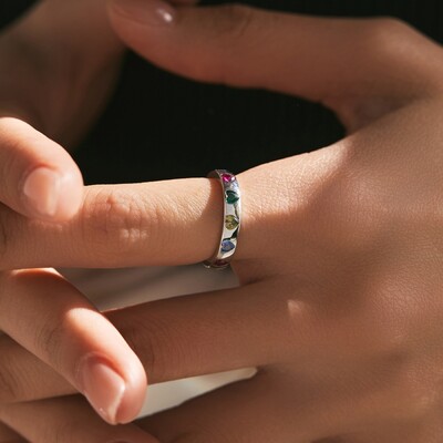 S925 Silver Colorful Heart Cut Wedding Band