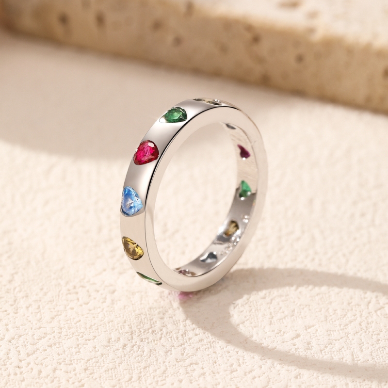 S925 Silver Colorful Heart Cut Wedding Band