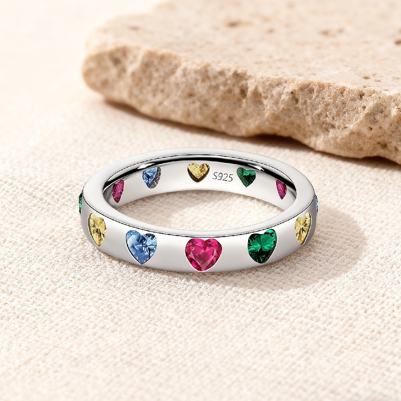 S925 Silver Colorful Heart Cut Wedding Band