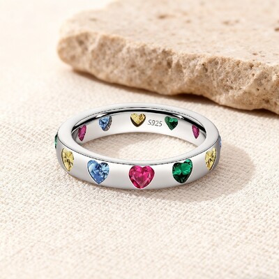 S925 Silver Colorful Heart Cut Wedding Band