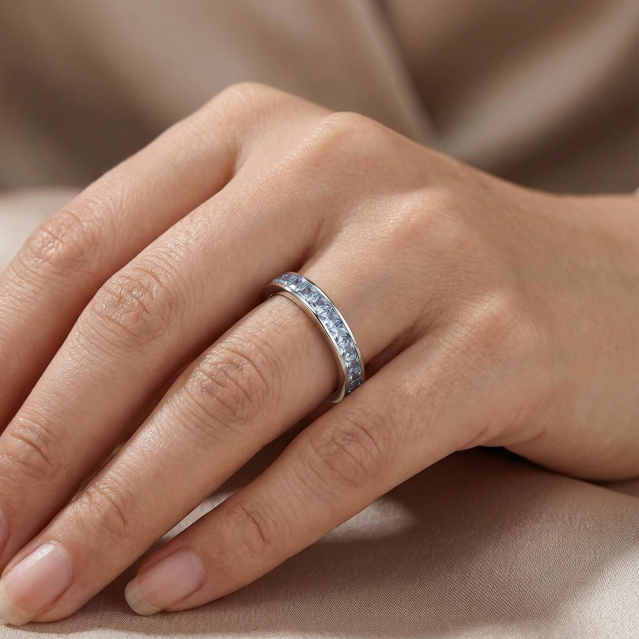 S925 Silver Natural Aquamarine Square Cut Wedding Band