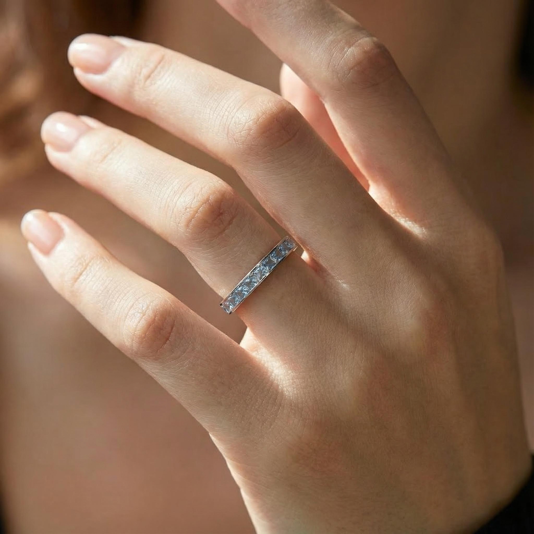 S925 Silver Natural Aquamarine Square Cut Wedding Band