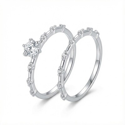 Round Cut VVS Moissanite S925 Silver Halo Engagement Ring Set