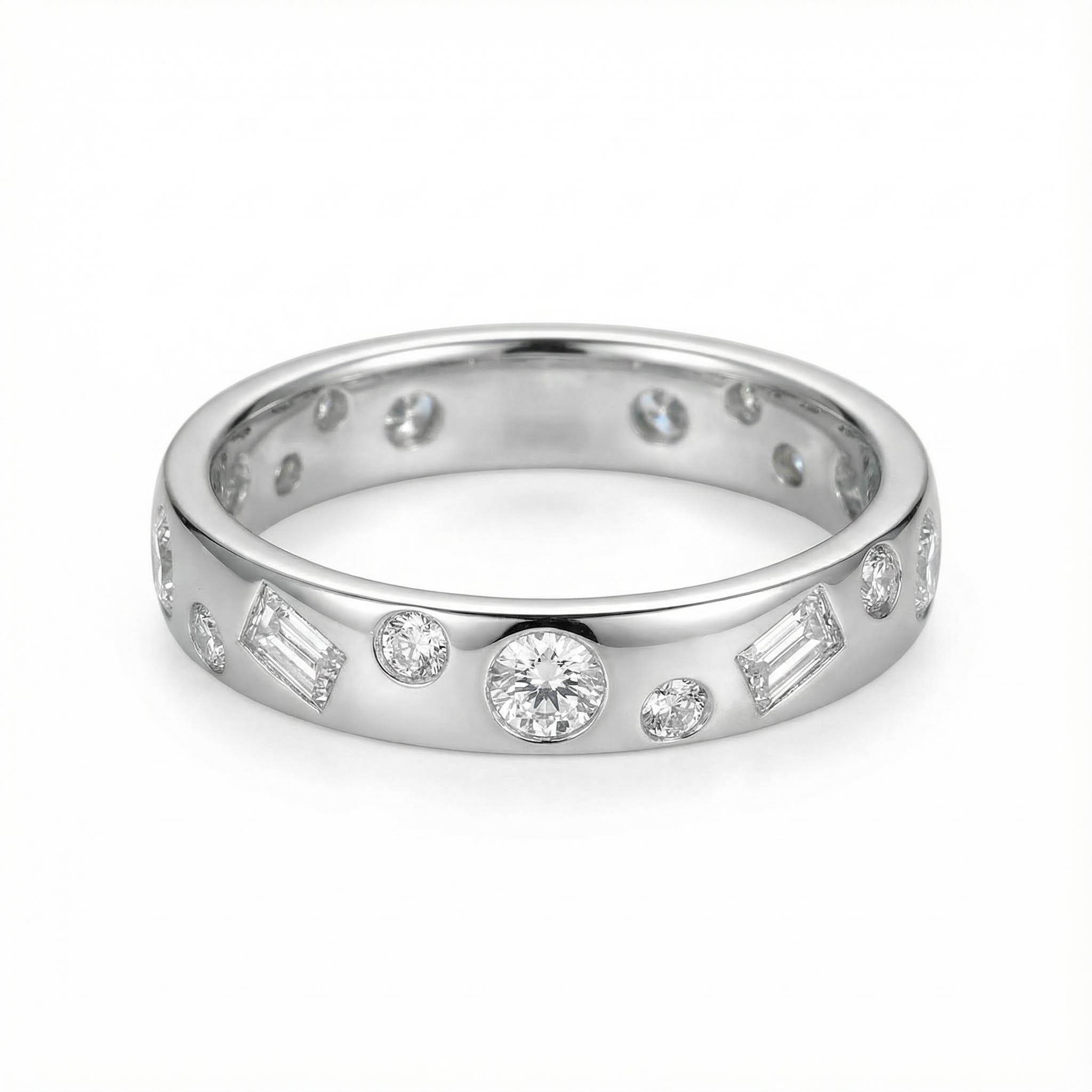 S925 Silver Flush Set Emerald & Round Cut Diamond Scatter Wedding Band