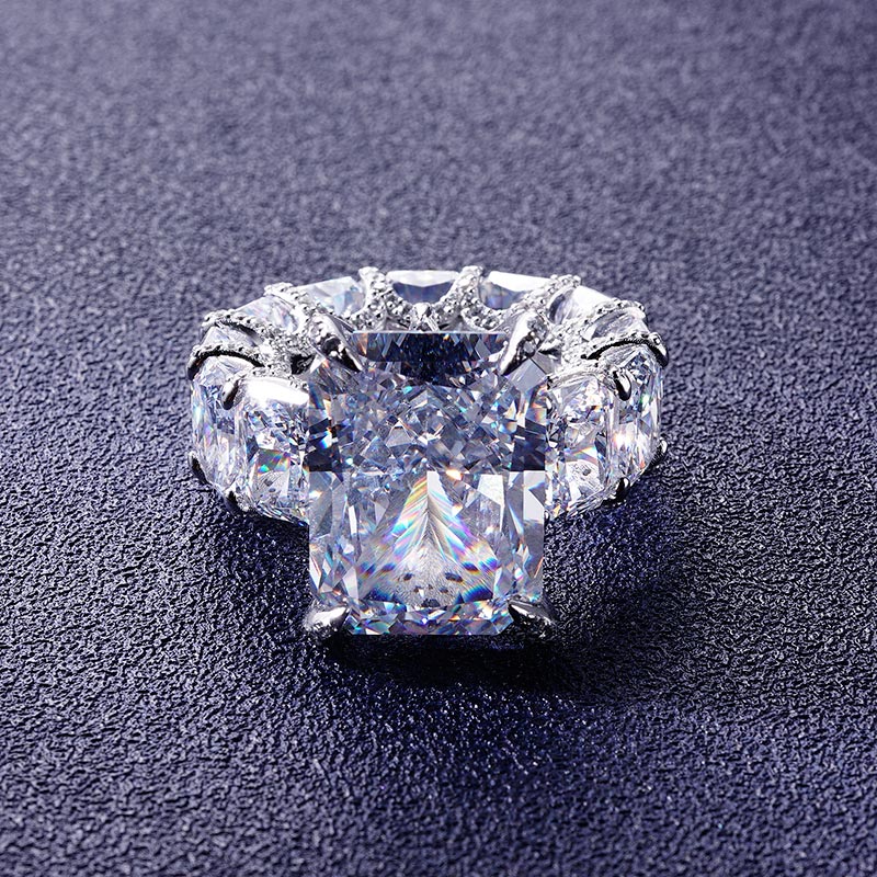 Custom S925 Iced Radiant Cut Pave Halo Engagement Ring