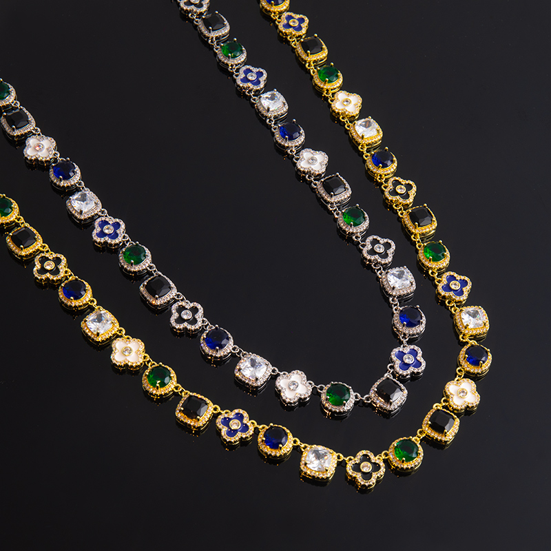 Multicolored Gemstones Geometric Flowers Necklace