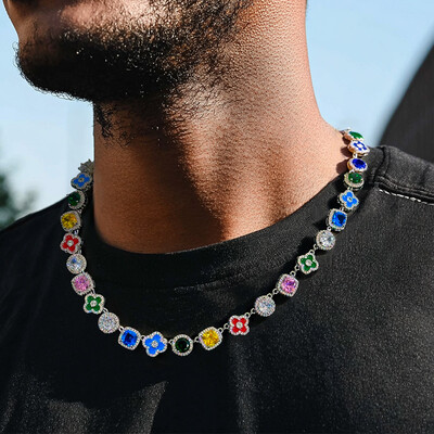 Multicolored Gemstones Geometric Flowers Necklace in White Gold