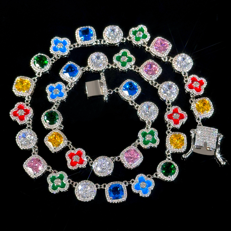 Multicolored Gemstones Geometric Flowers Necklace in White Gold