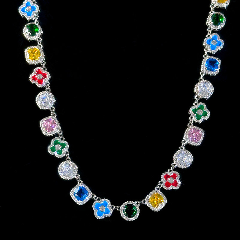 Multicolored Gemstones Geometric Flowers Necklace in White Gold