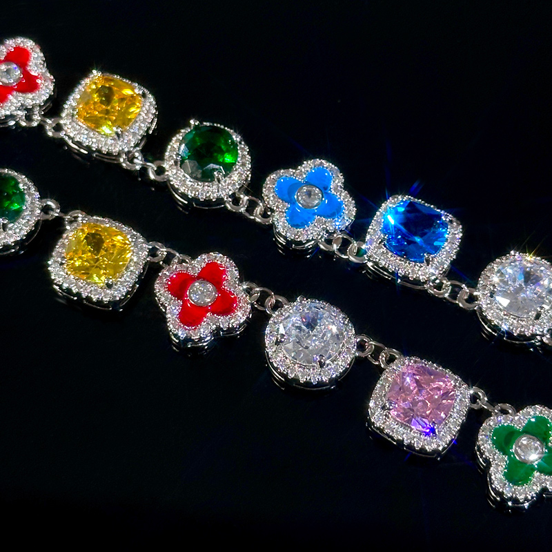 Multicolored Gemstones Geometric Flowers Necklace in White Gold