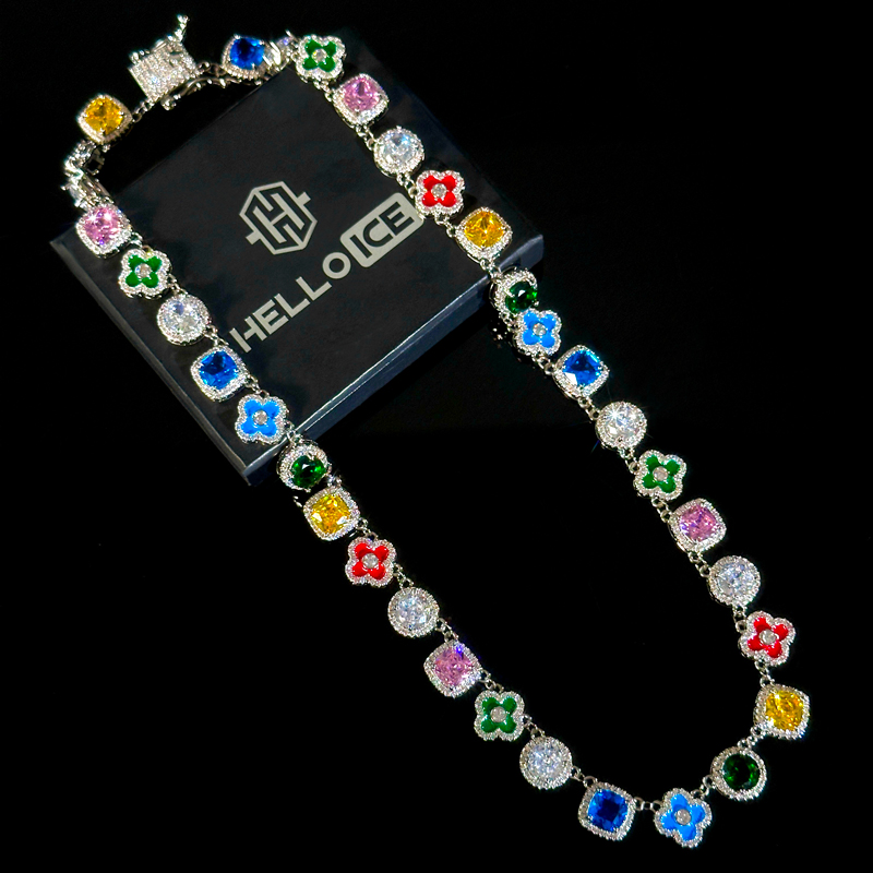 Multicolored Gemstones Geometric Flowers Necklace in White Gold