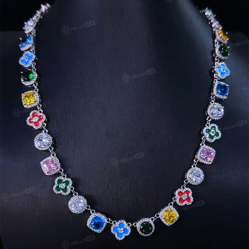 Multicolored Gemstones Geometric Flowers Necklace in White Gold