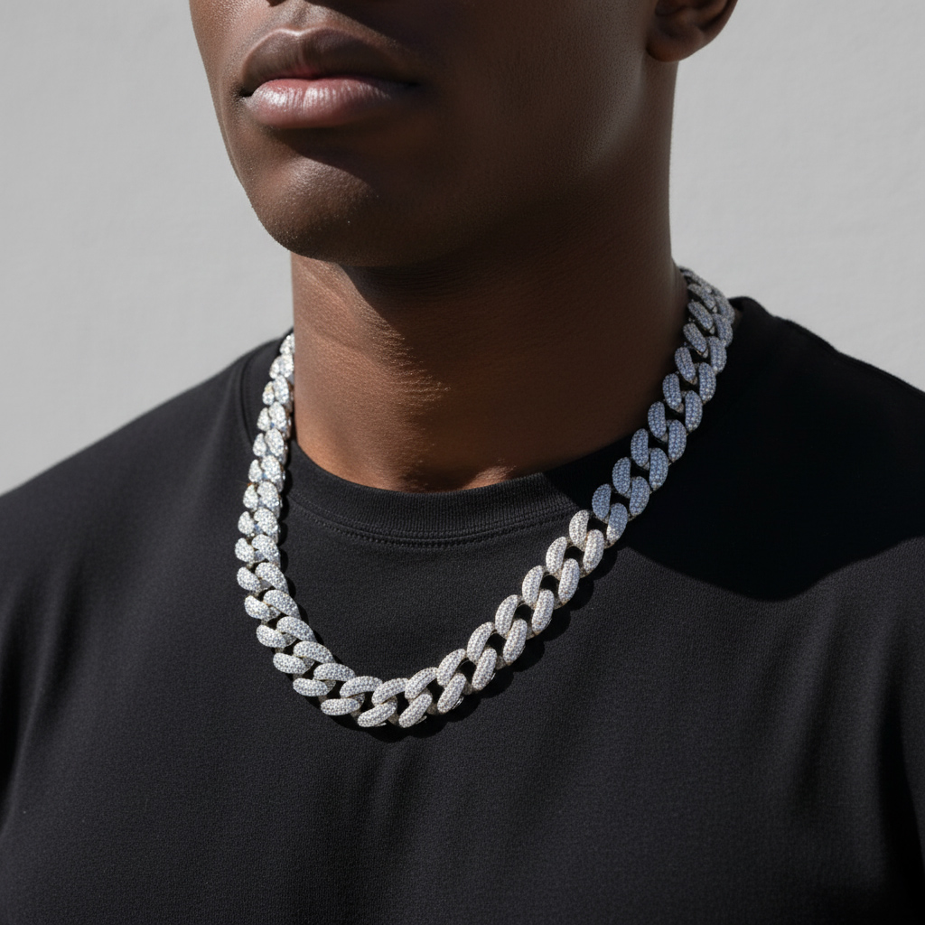 16mm Iced Out Hidden Lock Cuban Chain in White Gold 16mm Iced Out Hidden Lock Cuban Chain in White Gold