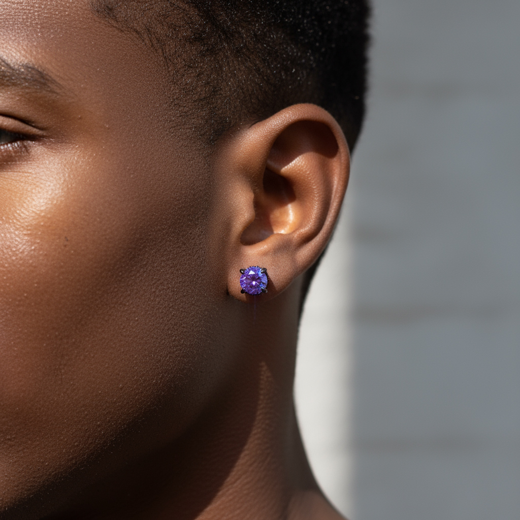 Black/Purple/Blue Round&Baguette Cut Full Paved Earrings in Black Gold
