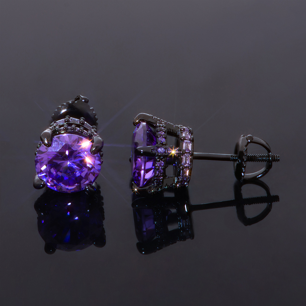 Black/Purple/Blue Round&Baguette Cut Full Paved Earrings in Black Gold
