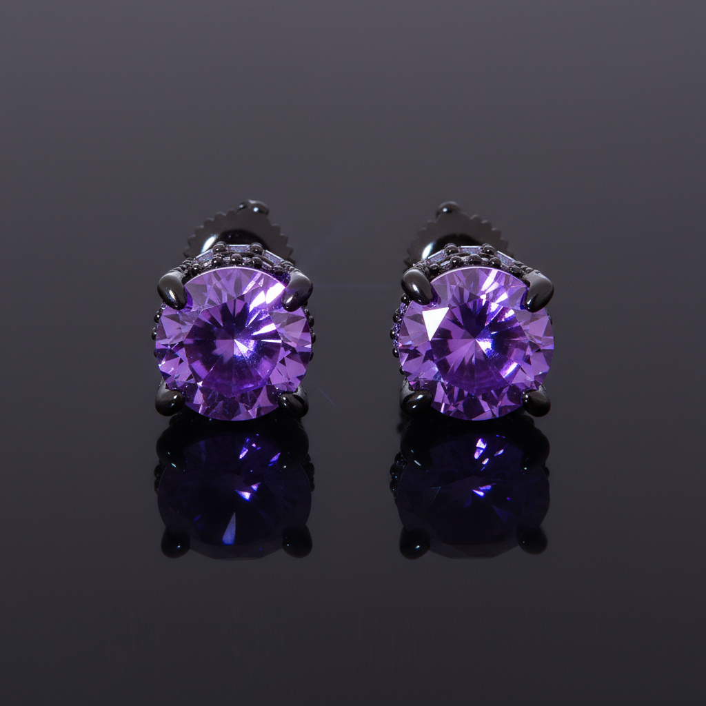 Black/Purple/Blue Round&Baguette Cut Full Paved Earrings in Black Gold