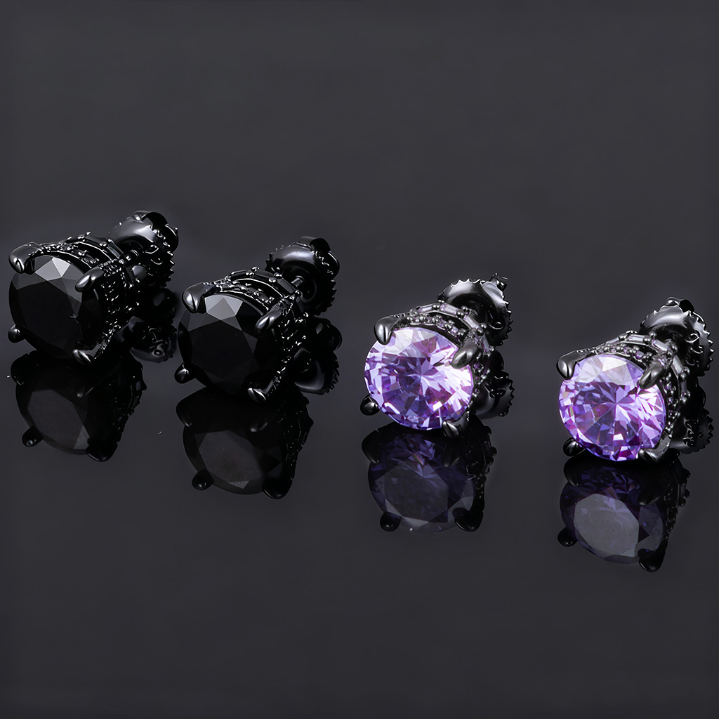 Black/Purple/Blue Round&Baguette Cut Full Paved Earrings in Black Gold