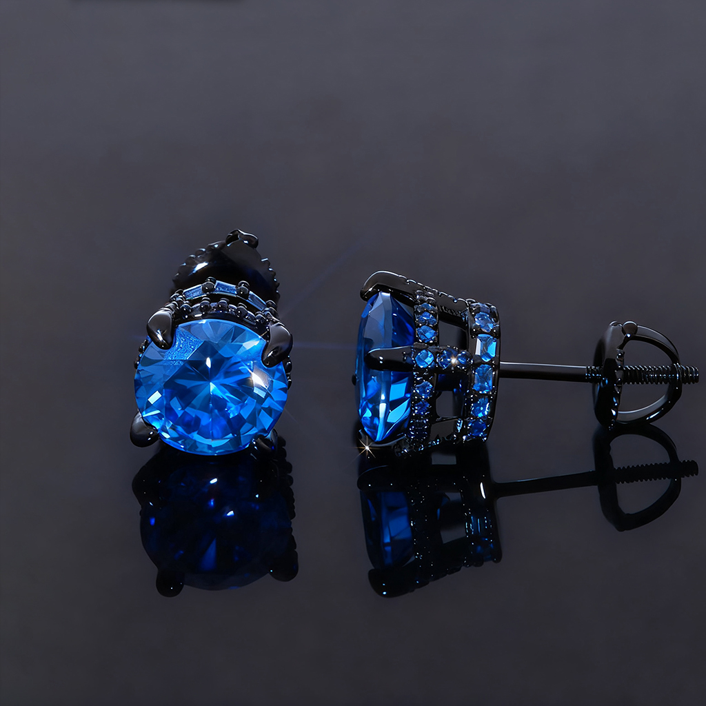 Black/Purple/Blue Round&Baguette Cut Full Paved Earrings in Black Gold