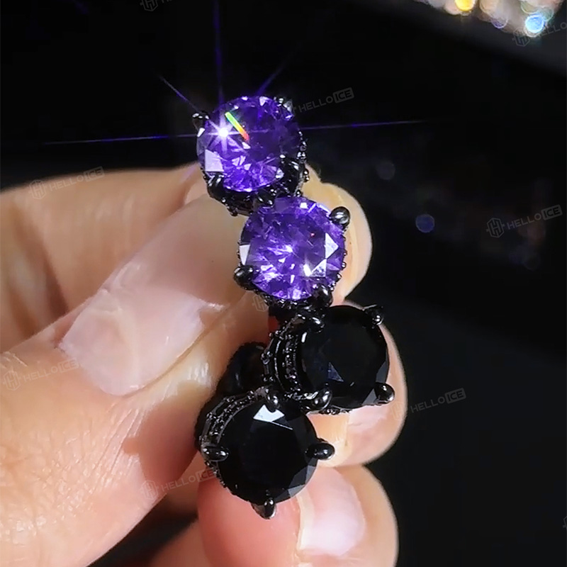 Black/Purple/Blue Round&Baguette Cut Full Paved Earrings in Black Gold Black/Purple/Blue Round&Baguette Cut Full Paved Earrings in Black Gold
