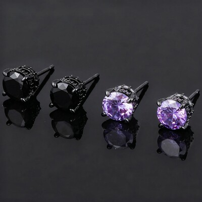 Black/Purple/Blue Round&Baguette Cut Full Paved Earrings in Black Gold