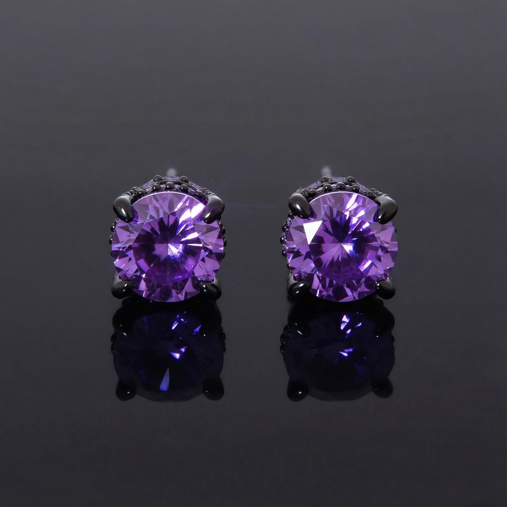 Black/Purple/Blue Round&Baguette Cut Full Paved Earrings in Black Gold