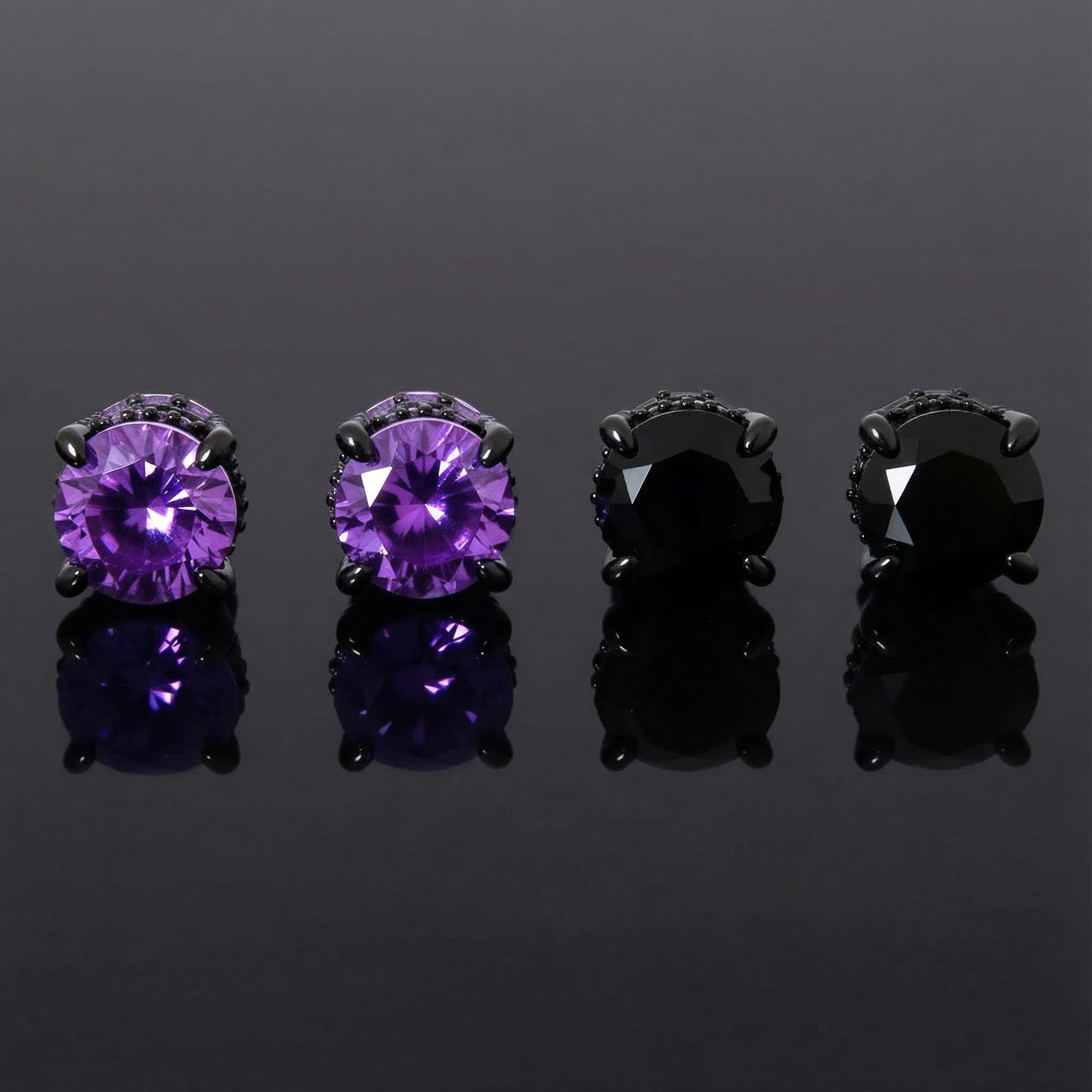 Black/Purple/Blue Round&Baguette Cut Full Paved Earrings in Black Gold