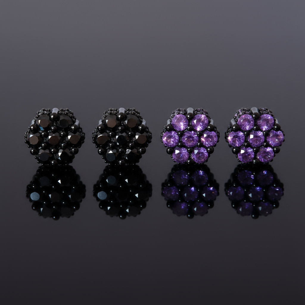 Iced Out Black/Purple Cluster Flower Full Paved Earrings in Black Gold