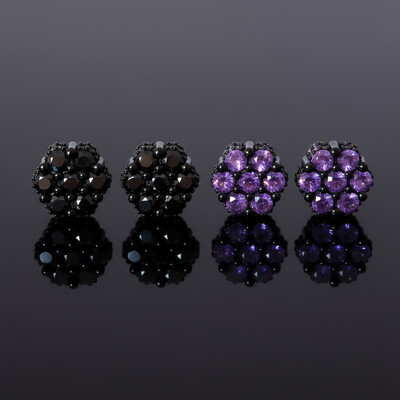 Iced Out Black/Purple Cluster Flower Full Paved Earrings in Black Gold
