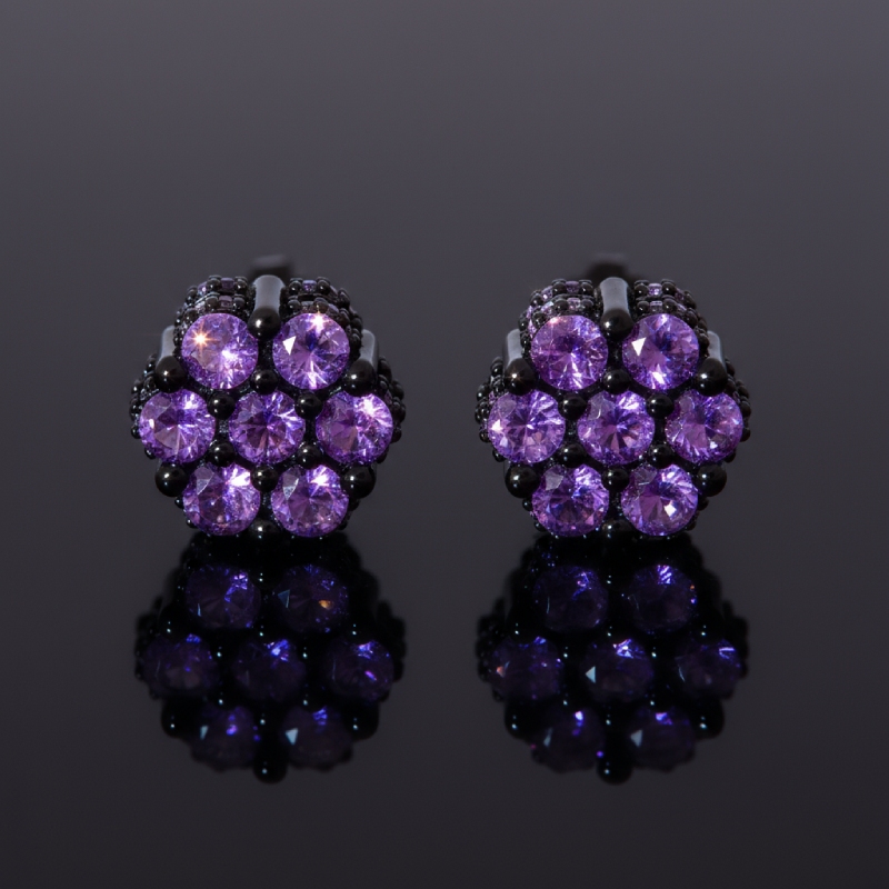 Iced Out Black/Purple Cluster Flower Full Paved Earrings in Black Gold