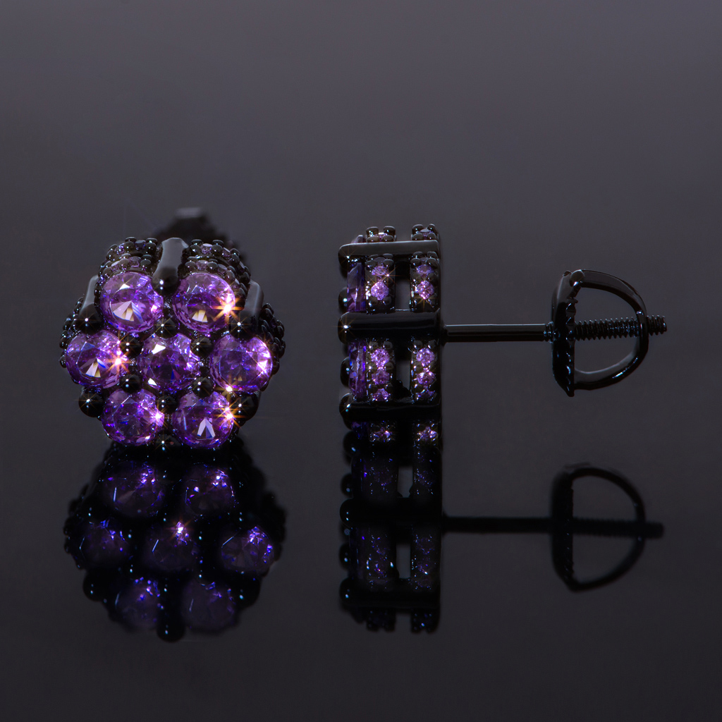 Iced Out Black/Purple Cluster Flower Full Paved Earrings in Black Gold