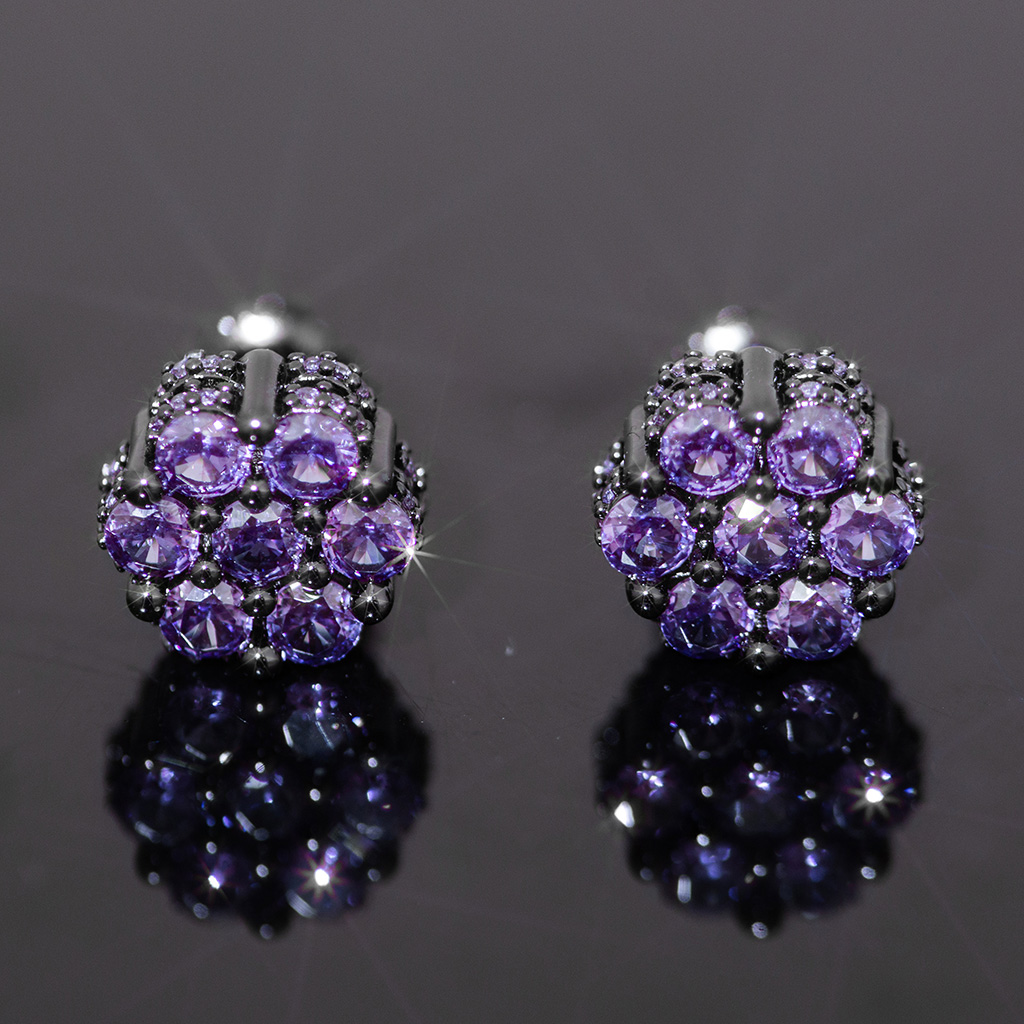 Iced Out Black/Purple Cluster Flower Full Paved Earrings in Black Gold