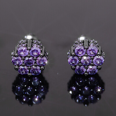 Iced Out Black/Purple Cluster Flower Full Paved Earrings in Black Gold
