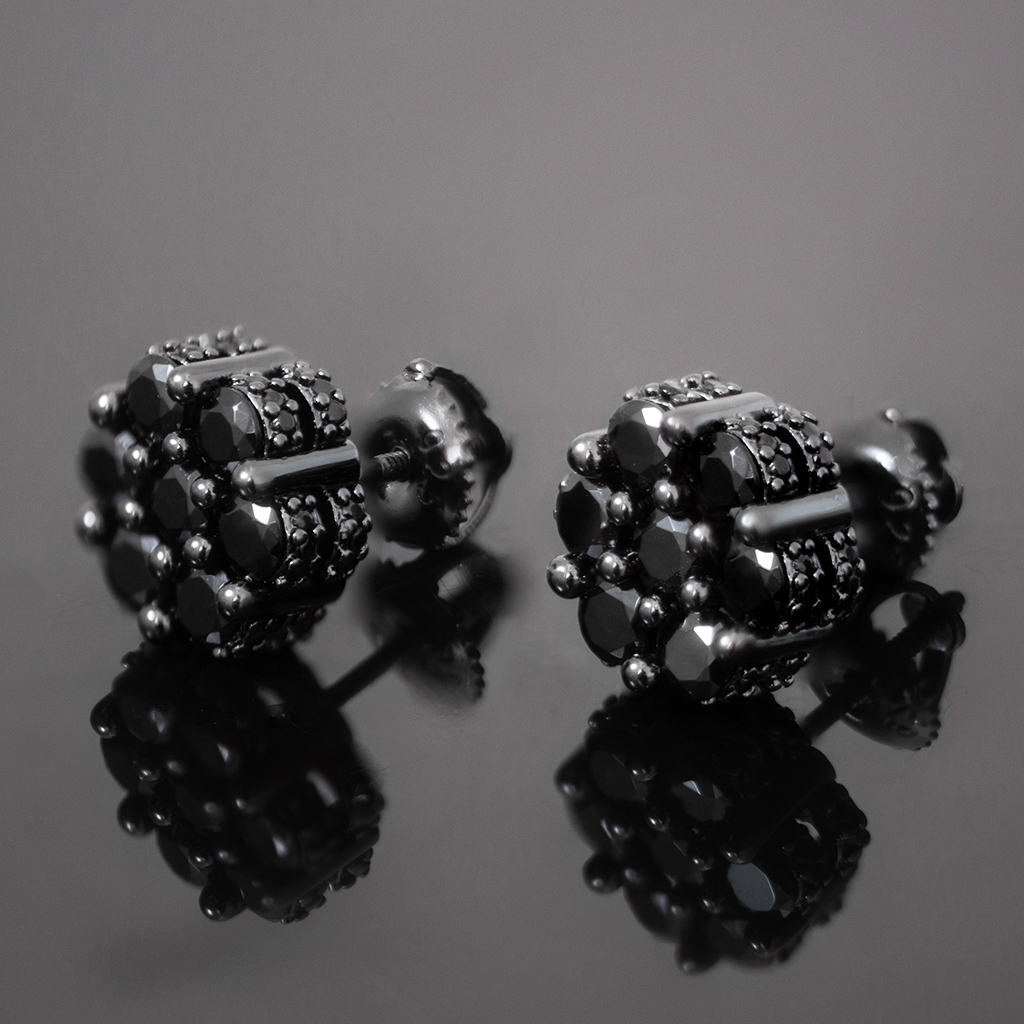 Iced Out Black/Purple Cluster Flower Full Paved Earrings in Black Gold Iced Out Black/Purple Cluster Flower Full Paved Earrings in Black Gold