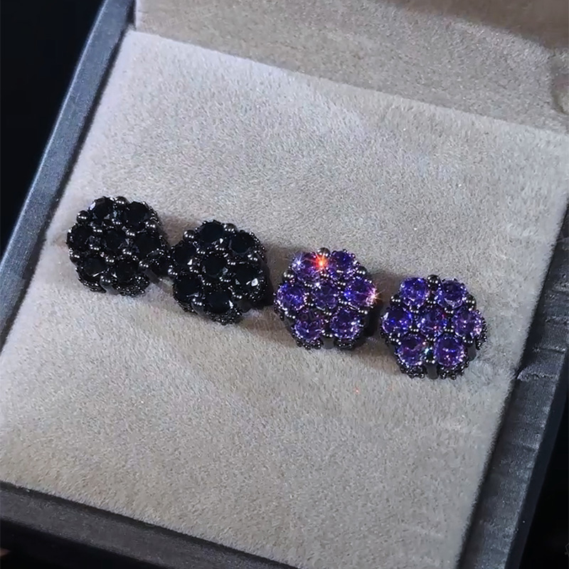 Iced Out Black/Purple Cluster Flower Full Paved Earrings in Black Gold