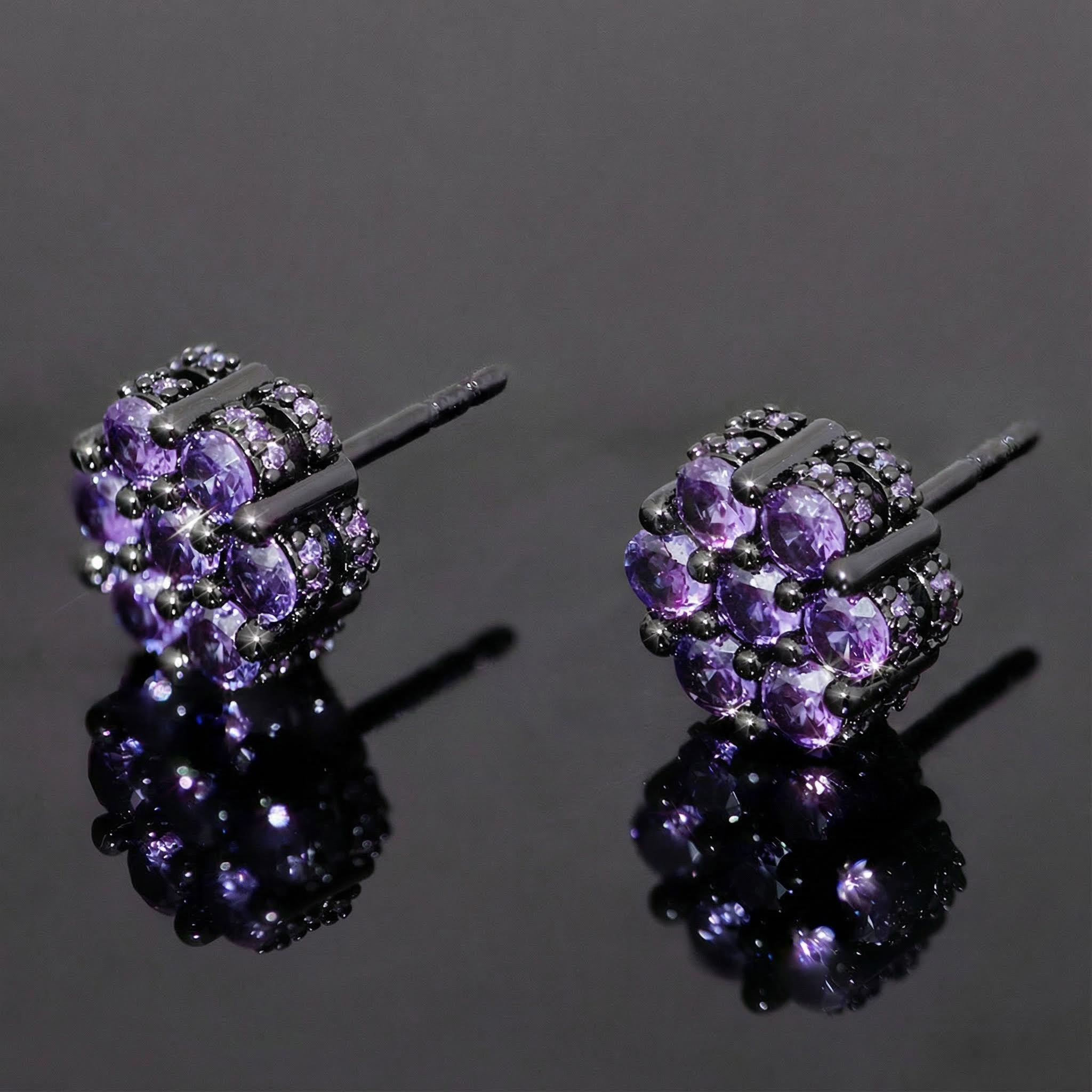 Iced Out Black/Purple Cluster Flower Full Paved Earrings in Black Gold Iced Out Black/Purple Cluster Flower Full Paved Earrings in Black Gold