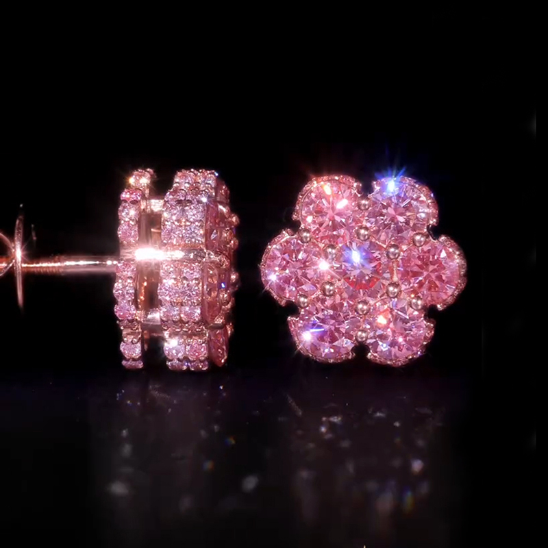 Iced Out Pink Cluster Flower Full Paved Earrings