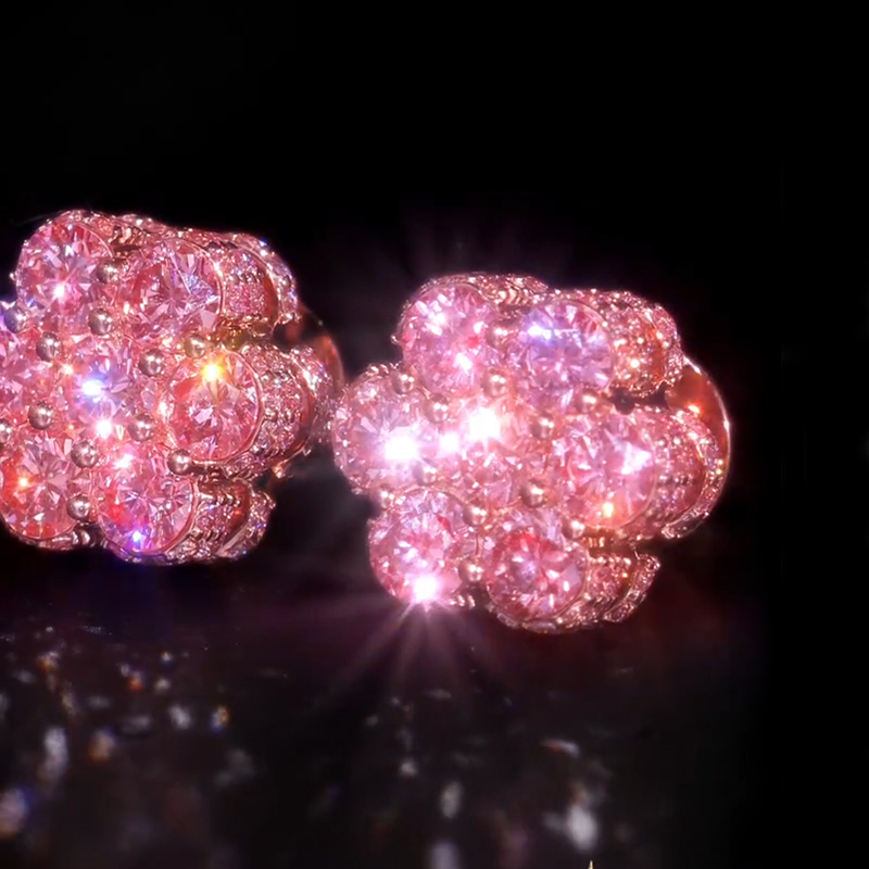 Iced Out Pink Cluster Flower Full Paved Earrings