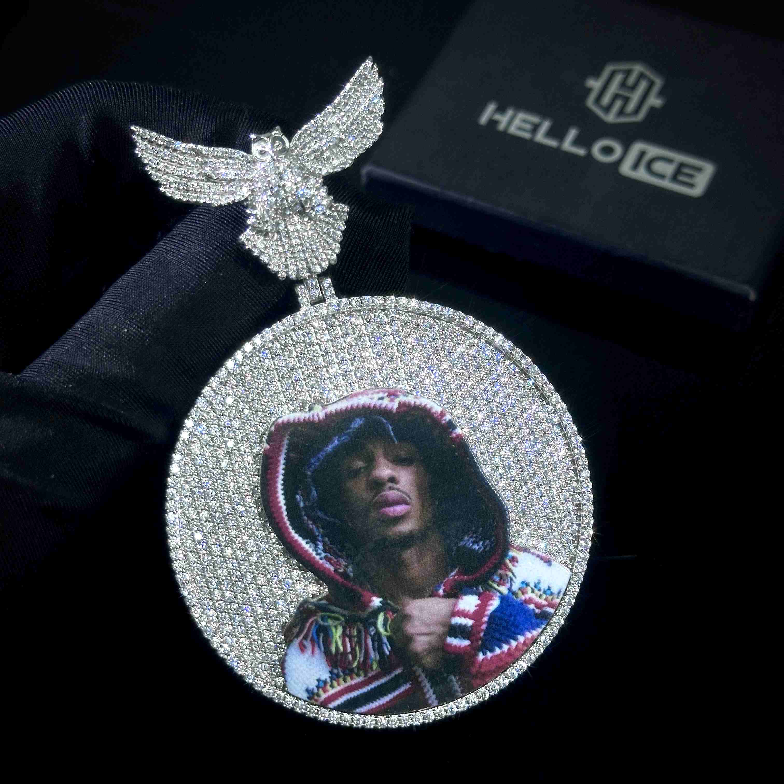 Iced Out Peace Dove Disc Photo Pendant