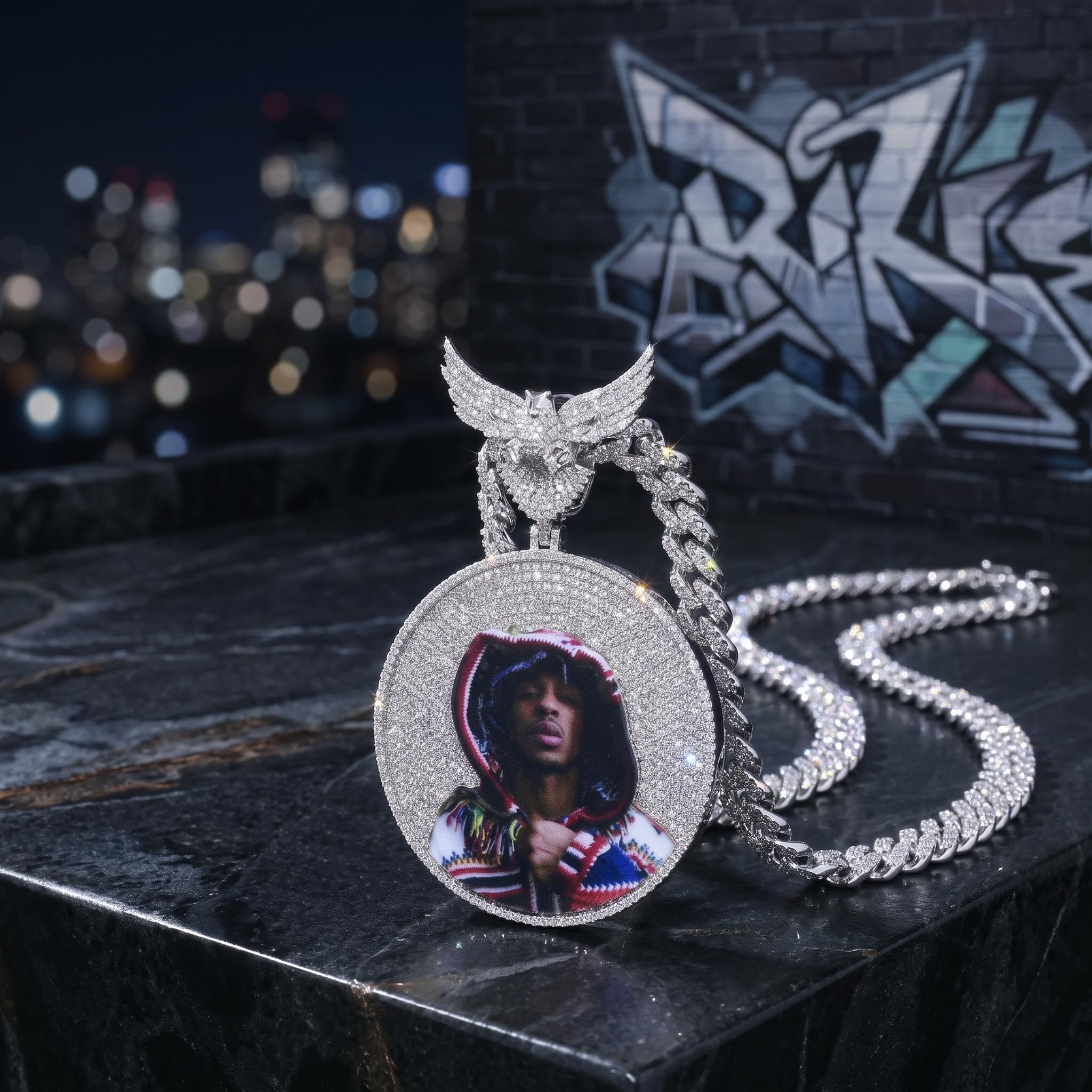 Iced Out Peace Dove Disc Photo Pendant