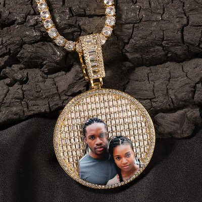Custom Baguette Stones Round Shape Photo Pendant