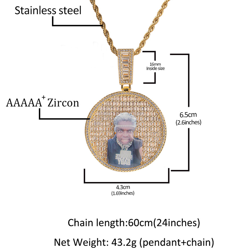 Custom Baguette Stones Round Shape Photo Pendant