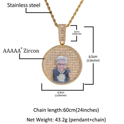 Custom Baguette Stones Round Shape Photo Pendant