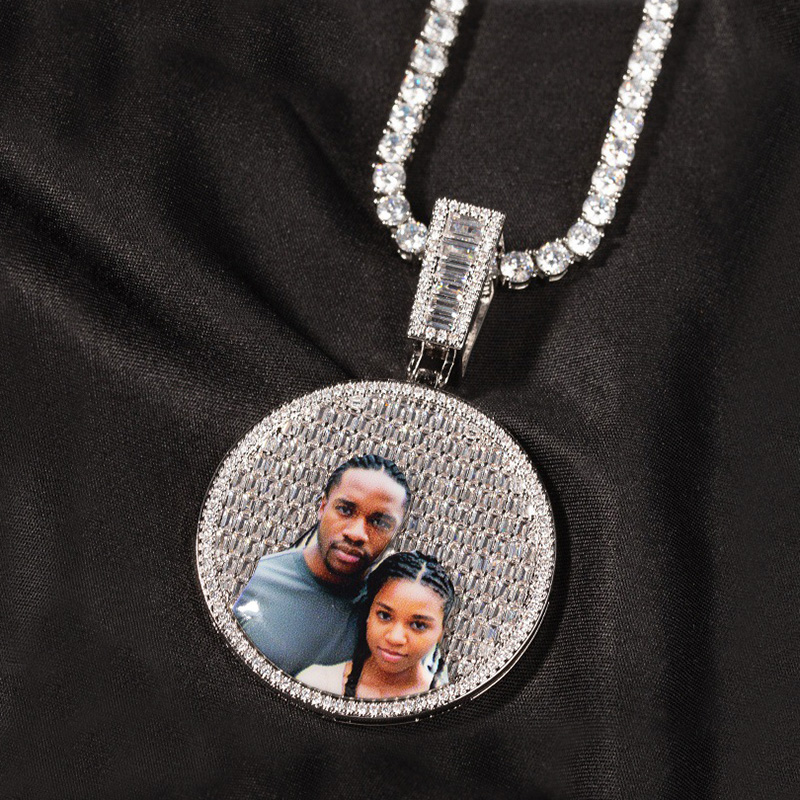 Custom Baguette Stones Round Shape Photo Pendant