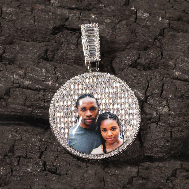 Custom Baguette Stones Round Shape Photo Pendant