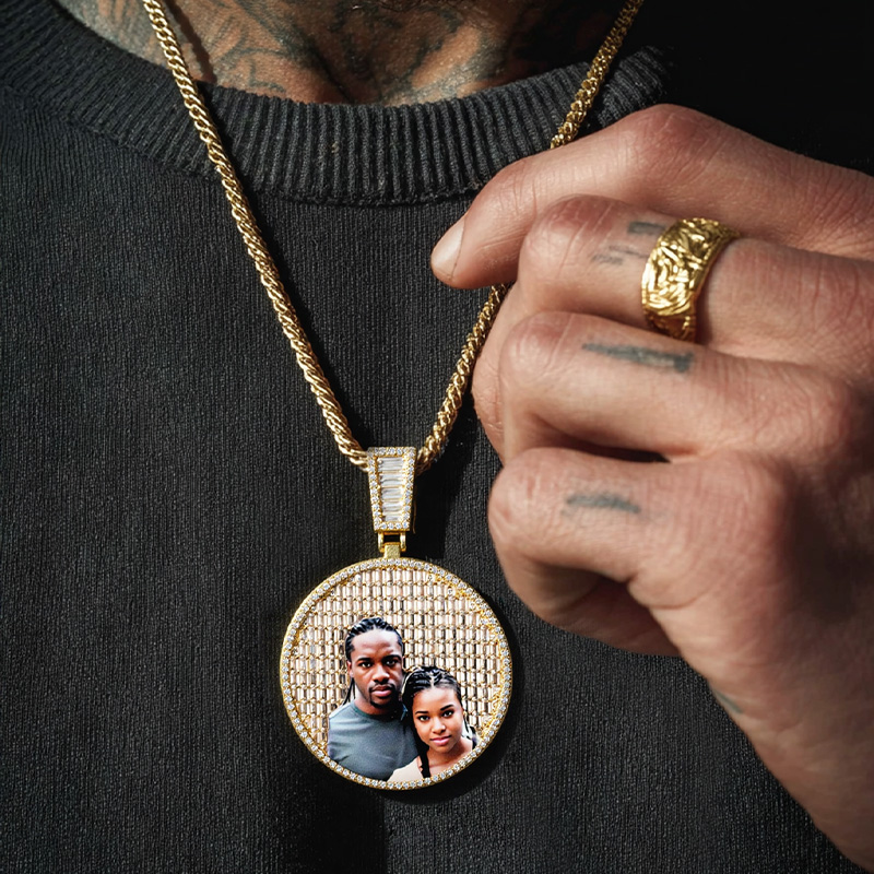 Custom Baguette Stones Round Shape Photo Pendant Custom Baguette Stones Round Shape Photo Pendant