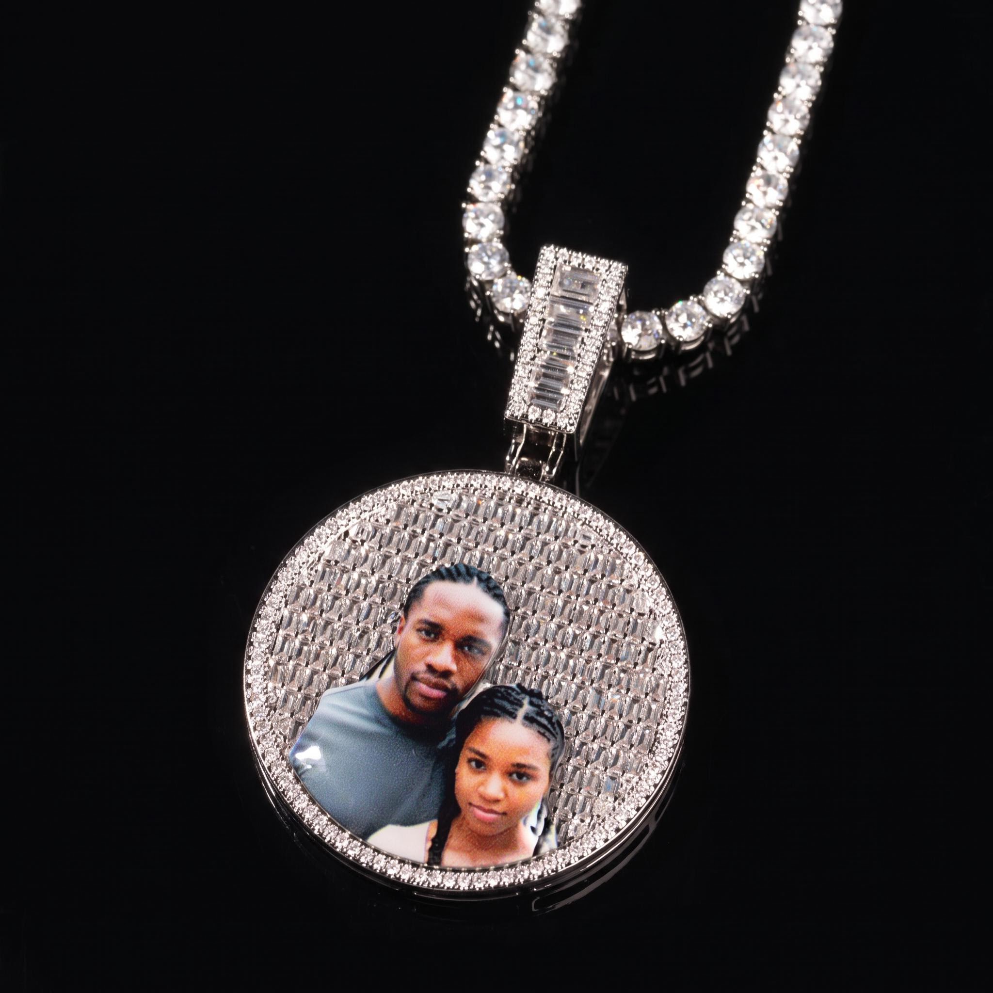 Custom Baguette Stones Round Shape Photo Pendant