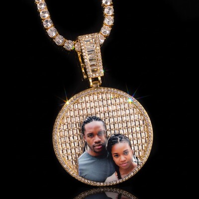 Custom Baguette Stones Round Shape Photo Pendant