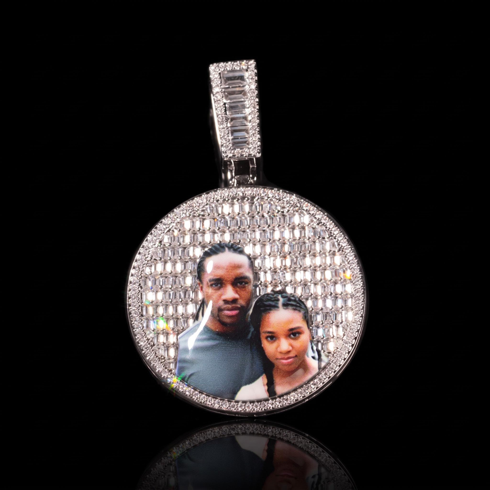 Custom Baguette Stones Round Shape Photo Pendant