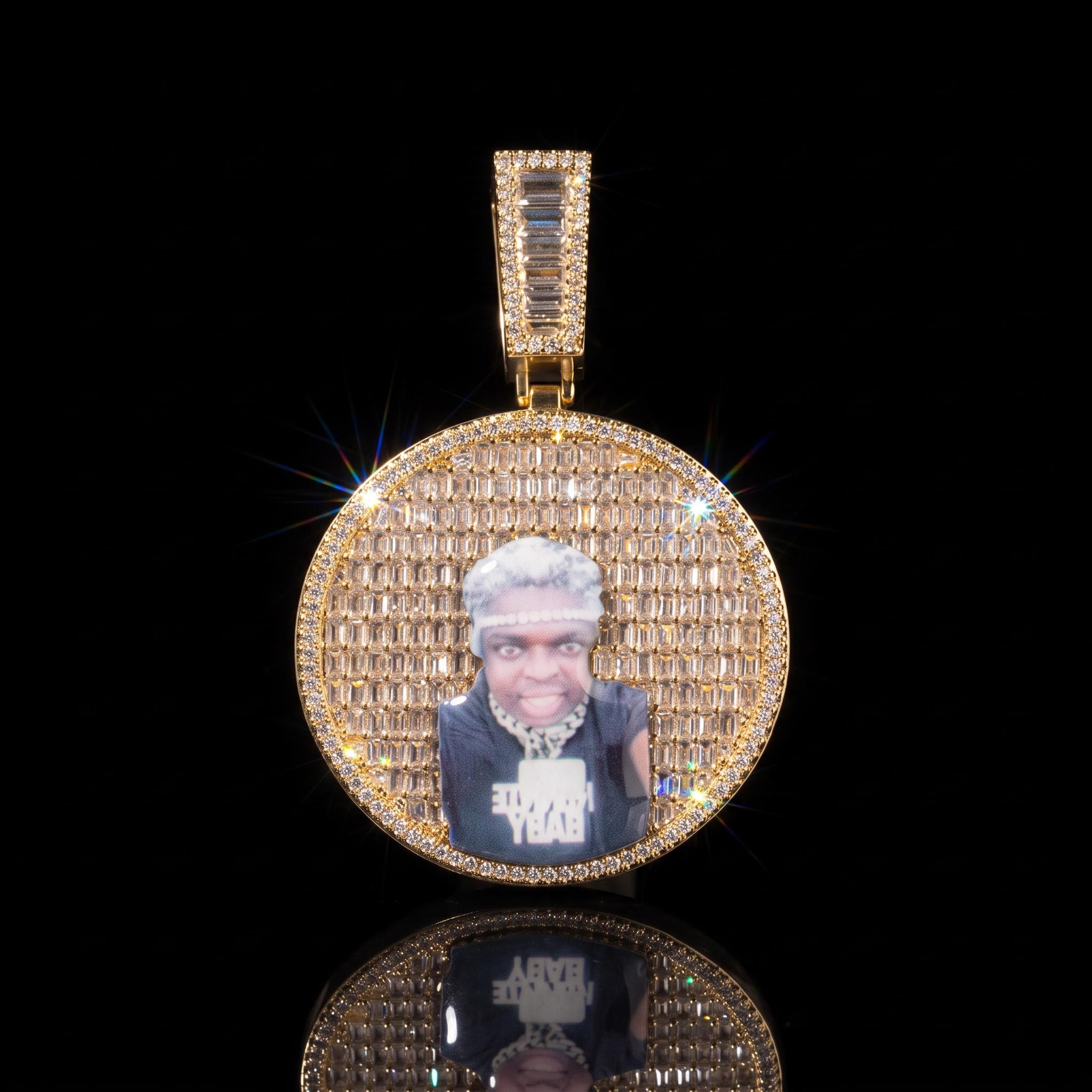 Custom Baguette Stones Round Shape Photo Pendant