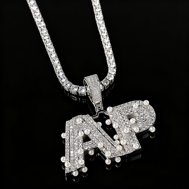 Iced Custom Name/Letters Pendant with Pearl